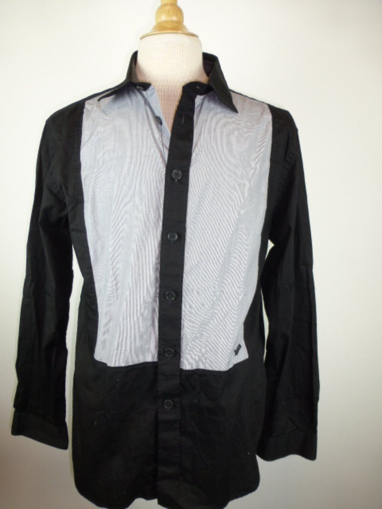 William Rast Black Gray Cotton Tuxedo Dress Button Up Shirt L